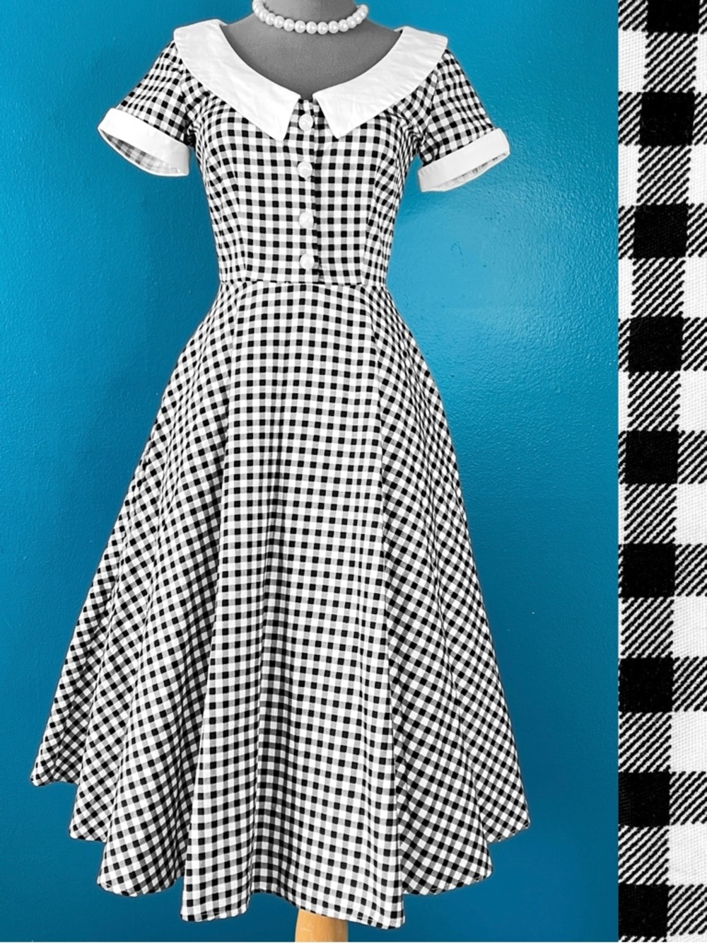 Collectif Madeline Gingham Swing Dress in Black & White Check w/ Collar UK 6